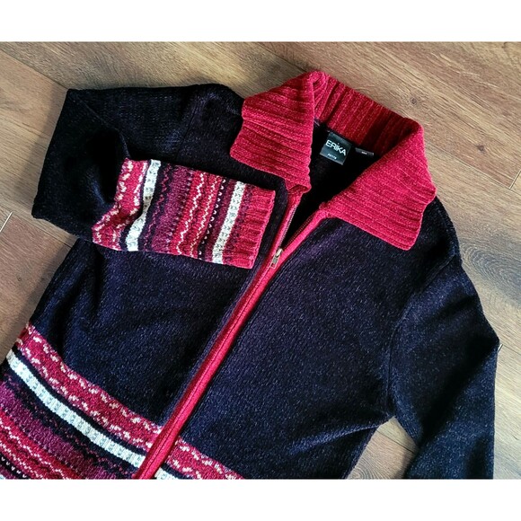 Vintage ERIKA Petite Womens Size PS Knit Cardigan Full Zip Sweater Black Stripes - Picture 13 of 16